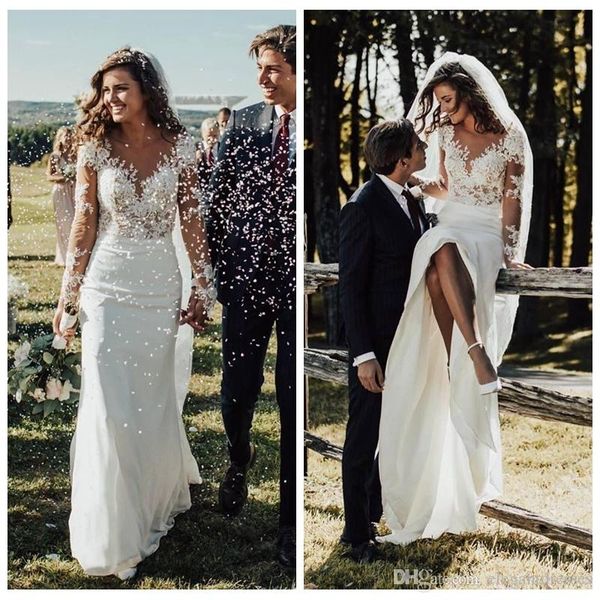 

amazing slim mermaid wedding dresses modest long sleeves lace appliques garden bridal gowns customized formal long robe de mariee, White