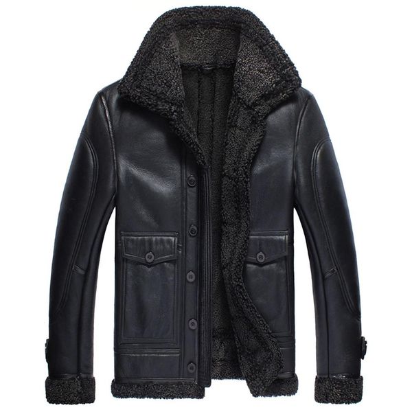 

men's leather & faux b3 flight shearling jacket winter warm short coat, Black