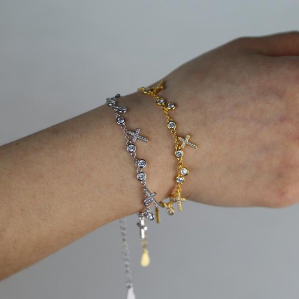 

bangle silver gold color charm chain bracelet for women girl gift drop cross round cz paved adjust charming jewelry, Black