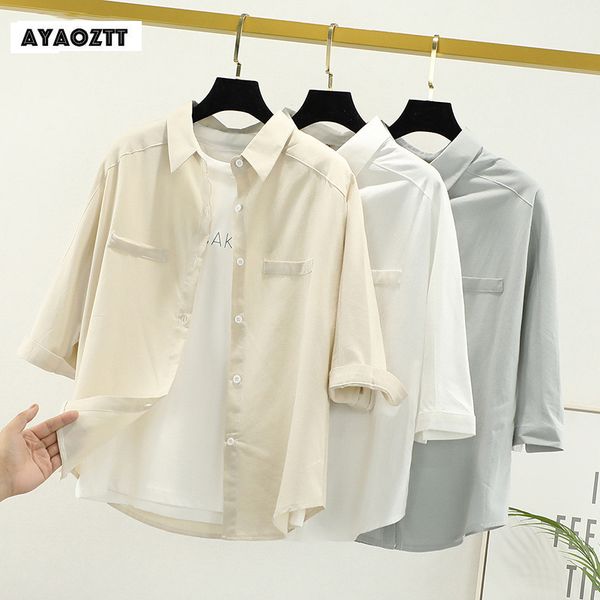 

womens blouse shirts summer thin solid half sleeve loose sun protection clothes outwear 2020, White