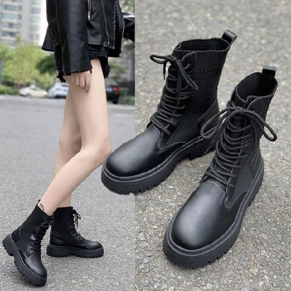 

2019 autumn new women's casual short boots wild comfortable breathable stretch lace round head thick heel women boots, Black