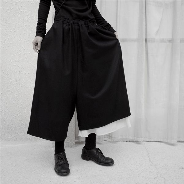 

209 self - made yamamoto design dark woolen cloth with white asymmetrical leg m-6xl big yards men's trousers, Black
