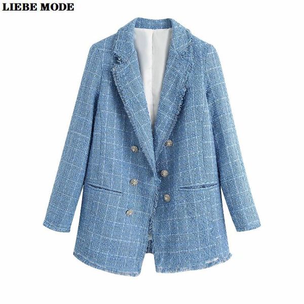 

2020 spring autumn blue plaid tweed jacket women vintage suit jackets woman retro double breasted blazer coat femme, White;black