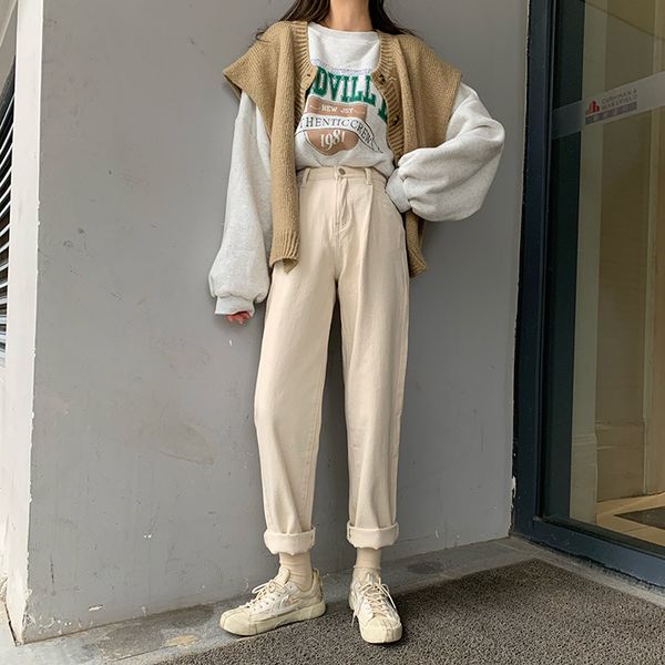 

p shoot 2019 women's dress winter high waist jeans white baggy pants trousers women's, Blue