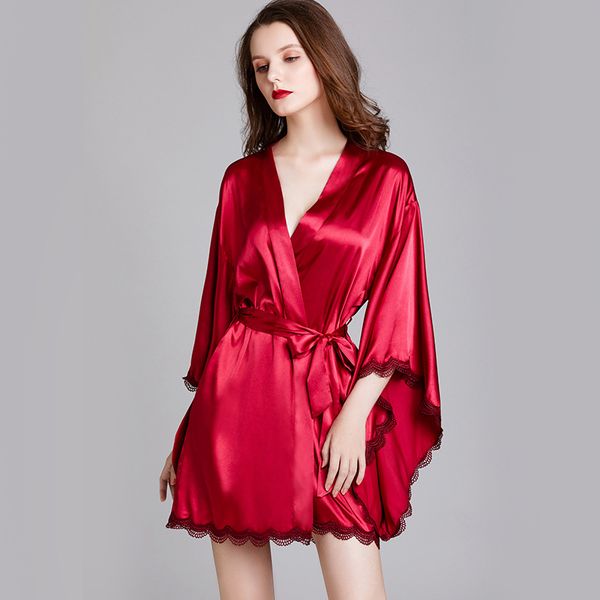 

chinese style bride bridesmaid wedding robe female satin kimono bath gown sleepwear lace nightdress intimate lingerie homewear, Black;red