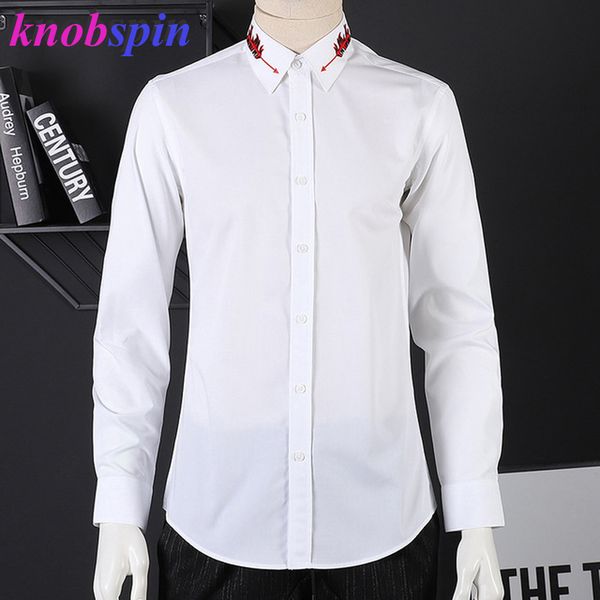 

brand men's cotton shirt classic slim shirt personality collar feather arrow monochrome white dress shirts plus size camisas, White;black