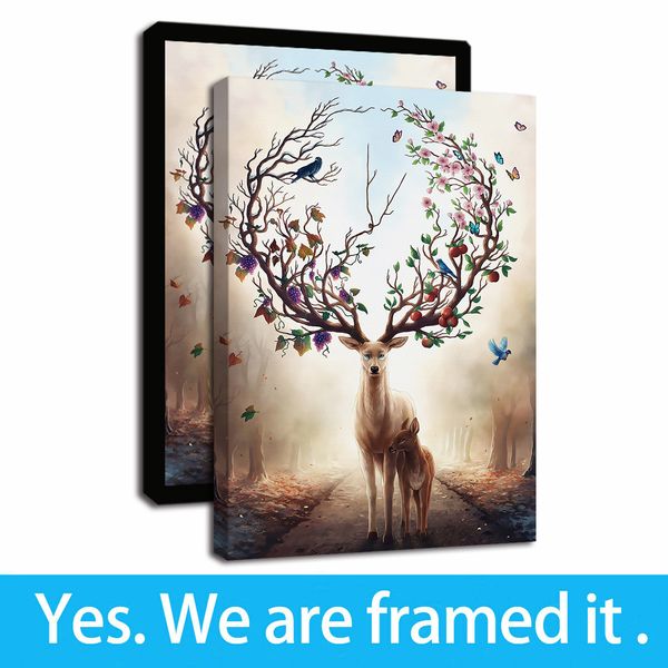 

canvas wall art animal mother and child elk antlers on flowers and birds picture print on canvas paintings artwork for living room decor