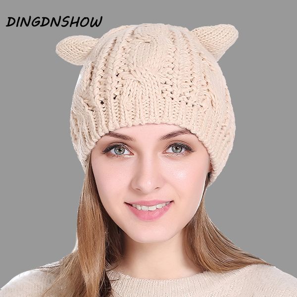 

dingdnshow] марка шапочки hat хлопок взрослых мультфильм уха крышки зимы теплая леди вязаная шапка 2019 женщины bonnet, Blue;gray