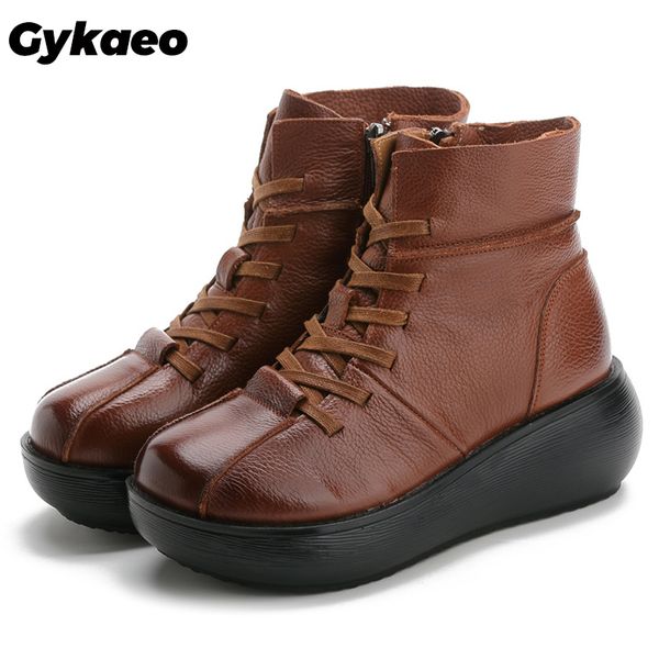 

2019 winter national style comfortable genuine leather boots women retro snow boots ladies cowhide warm shoes zapatos de mujer, Black