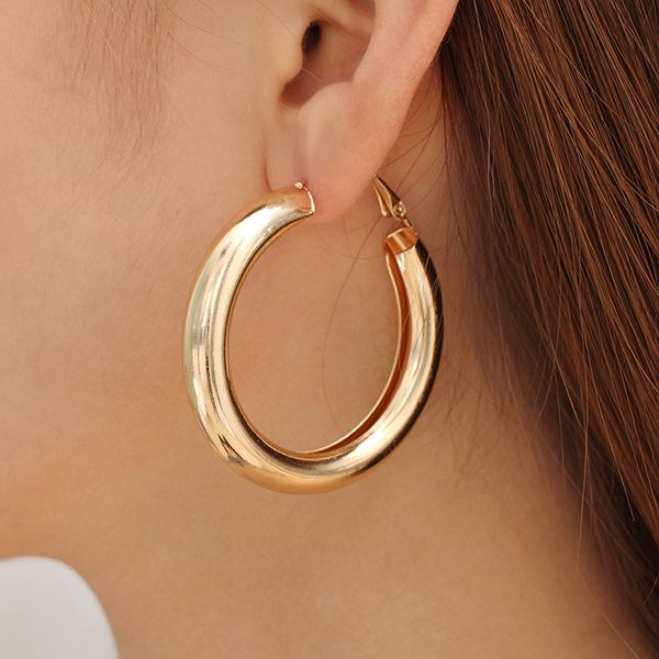 

50 mm big gold ring earrings simple thick round earrings women's fashion thick tube big gold metal pattern, Silver