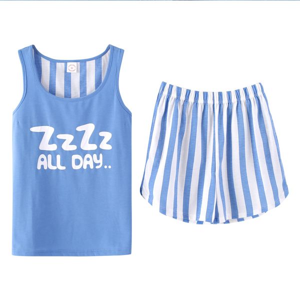 

summer 2019 tank striped pajamas women girls pajama set elastic waist shorts pockets cotton lounge sleepwear pyjamas s85301, Black;red