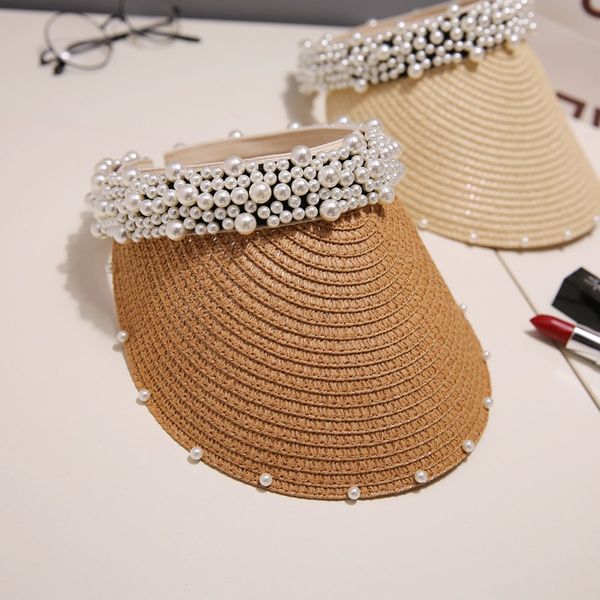 

ewq] 2020 summer new pearl hat female summer empty straw hat sunscreen sun queen holiday fisherman 5 color cap qv558, Blue;gray