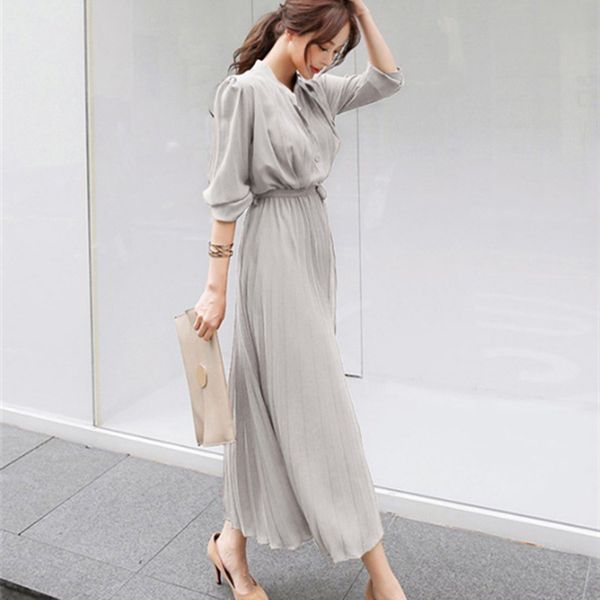 

casual dresses hzirip 2021 autumn dress women elegant long sleeve v-neck office lady a-line work wear pleated vestidos plus size, Black;gray