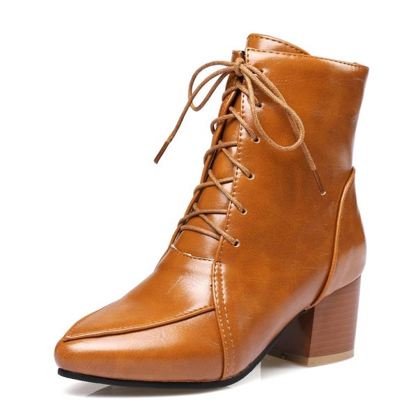 

2019 autumn winter fashion women cross strap ankle boots casual leather pointed toe thick high heels party shoes woman, Black