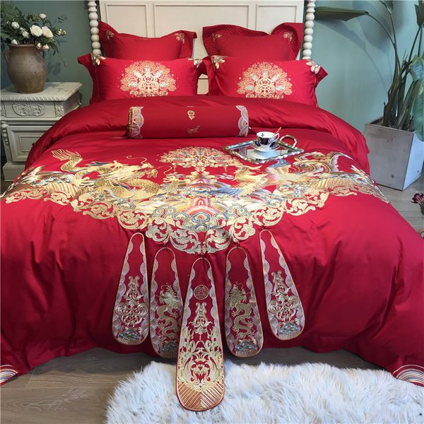 Luxury Gold Royal Loong Phoenix Embroidery Egyptian Cotton Wedding