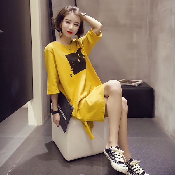 

korean style letter print summer t shirt dress women clothes 2019 o neck three quarter sleeve slit ladies dresses streetwear, Black;gray