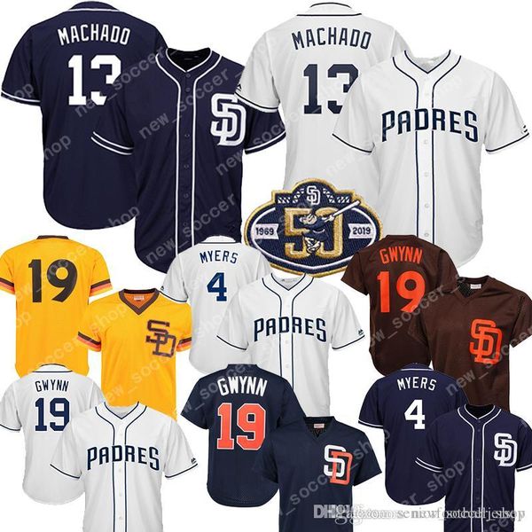 

13 Manny Machado Jersey San Diego 4 Wil Meyers Padres 19 Tony Gwynn 50th patch Cool Base Mesh Retro Mens Baseball Jerseys