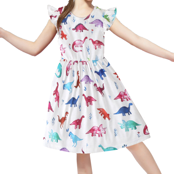 

2020 new girls summer dress baby girls clothes kids dinosaur print pattern boutique children dress casual round neck dresses, Red;yellow