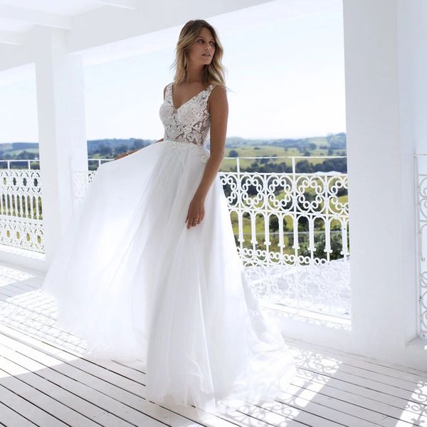 

elegant v-neck backless boho wedding dress appliques lace illusion sleeveless country wedding gowns vestido de noiva, White