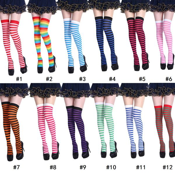 

new halloween stockings women's over knee long stripe print knee socks slim autumn winter party costume knee socks, Black;white