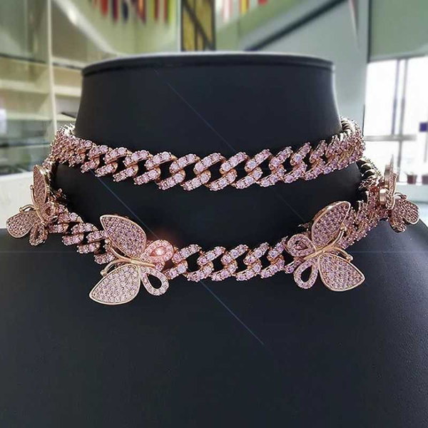 

12mm pink cz rotate butterfly necklace iced out zircon custom color choker luxury bling jewelry fashion hiphop for women men, Golden;silver