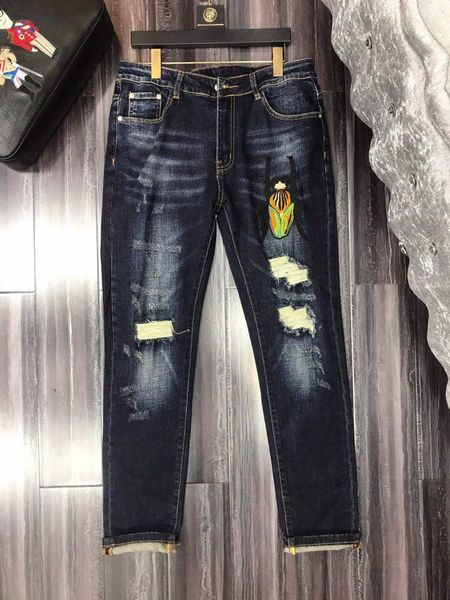 

20s autumn winter style french solid classic luxury slim motorcycle biker denim men's fashion designer straight jeans size 28-36, Blue