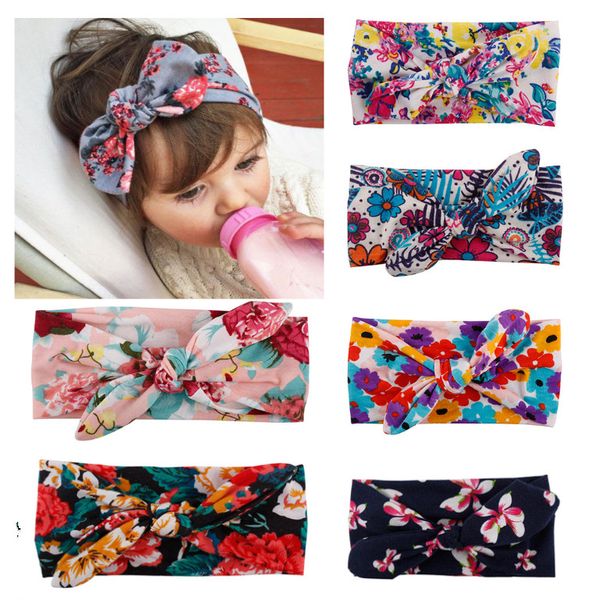 

baby girl rabbit bunny ear headbands infant floral flower print knot head wrap hairbands kids headdress children hair accessories, Slivery;white
