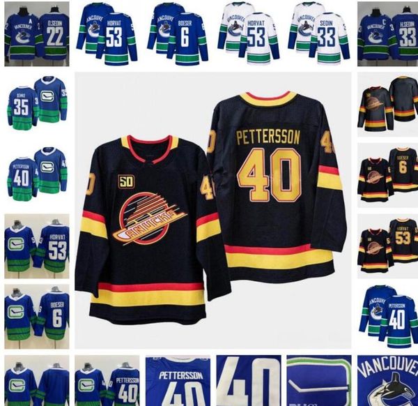 

50th vancouver canucks 40 elias pettersson brock boeser daniel henrik sedin demko bo horvat 2020 2019 hockey jerseys shirt sport, Black;red