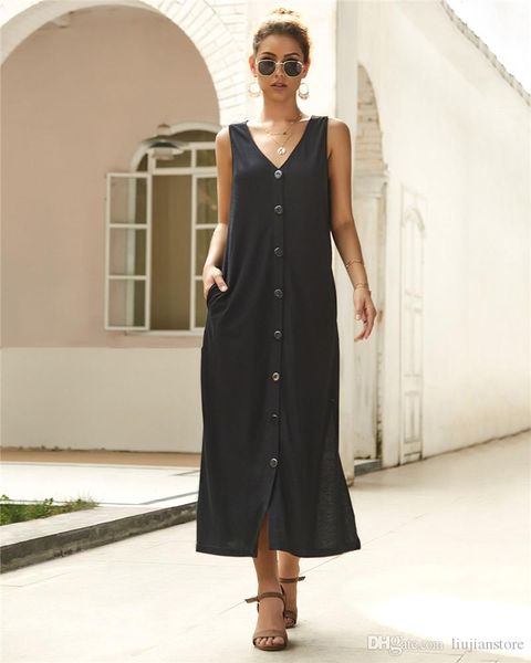 

summer solid v neck dress fashion ladies sleeveless dresses with button summer holidays dress women casual clothing, Black;gray