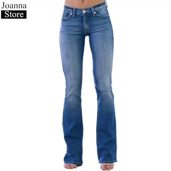 

women flare jeans mid-rise long slim jeans female hole pants plus size summer tight stretch bell-bottom ladies casual trousers, Blue