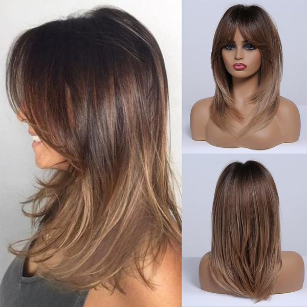 EASIHAIR – perruque synthétique mi-longue ombrée marron foncé avec frange pour femmes, perruque superposée pour Cosplay quotidien résistant à la chaleur