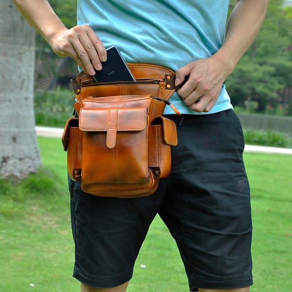 

quality leather men design casual 8" tablets satchel sling bag multifunction fashion travel waist belt pack leg bag male 913-5l