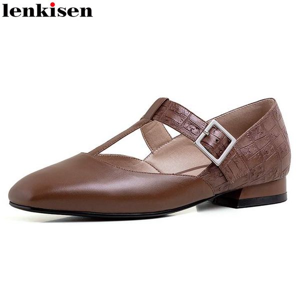 

lenkisen preppy style british school cow leather square toe stone pattern low square heels buckle straps young lady pumps l61, Black