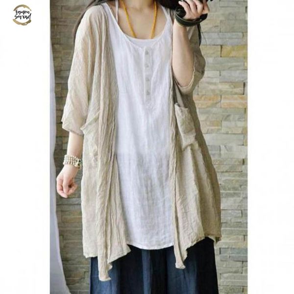 

spring summer art simple loose sunscreen shirt cotton linen batwing sleeve girl plus size women kimono blouse top, White