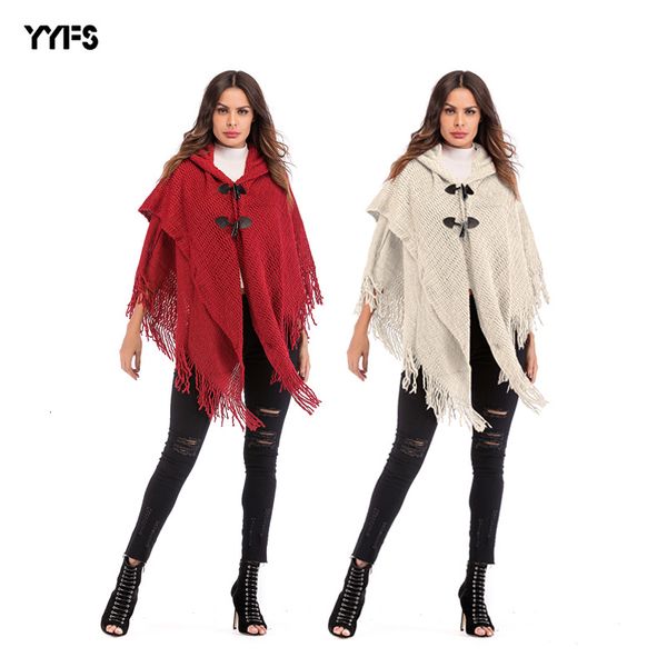 

women's wear tassels double row buckle sweater female even cap bat sleeve cloak shawl, Black;red