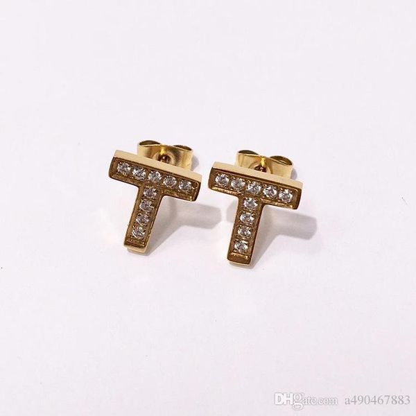 

new fashion brand titanium steel earrings 18k gold rose silver t-shaped simple earrings for fashion lovers gift come with dust bag and box, Golden;silver