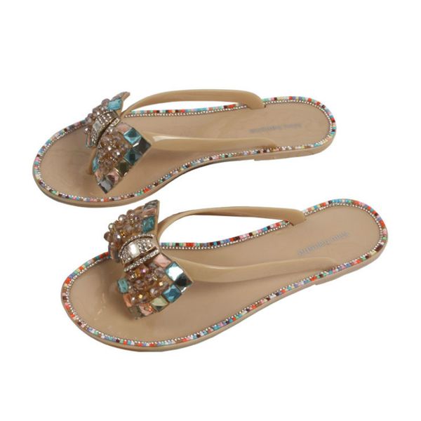 

2020 fashion summer shoes woman colored diamond metal beaded outdoor wear flat bottom casual female flip-flops ladies slippers, Black