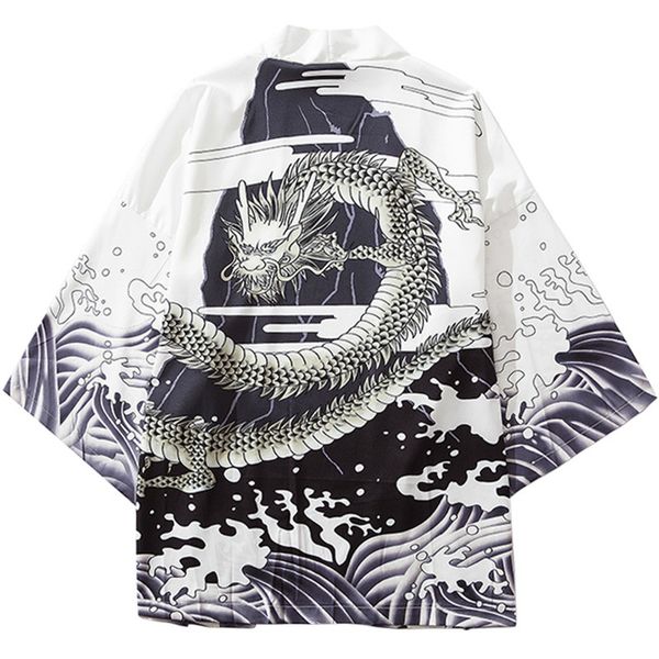 

januarysnow japanese style kimono jacket sea wave dragon print 2019 men harajuku streetwear jacket coat casual thin gown sweat wear japan, Black;brown