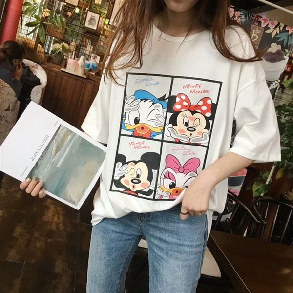 

2019 autumn clothes mid-long slimming cotton cartoon quadrangle short-sleeved t-shirt women's casual t-shirt pullover loose pullover to, White