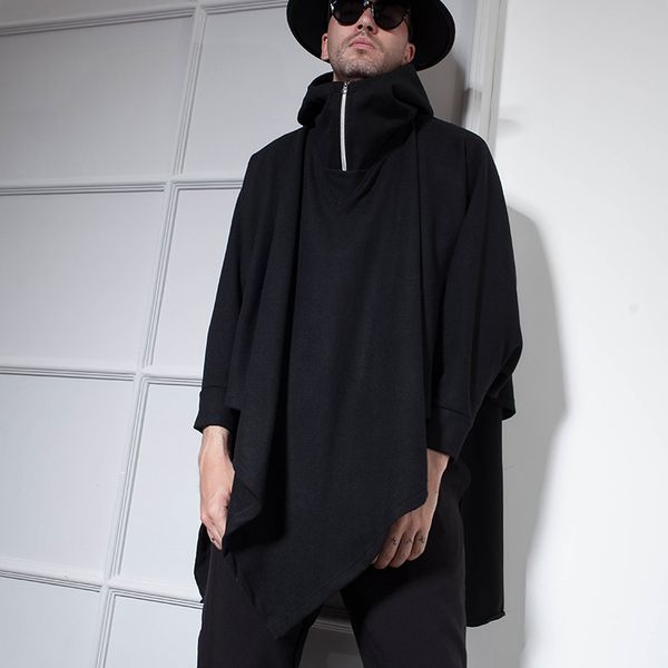 

winter fashion men's coat cape cape long woolen cloth student coat hoodie, Black