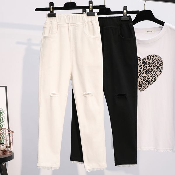 

pants for women summer ripped high waist plus size elastic lace hem calf-length black white trousers 5xl 6xl