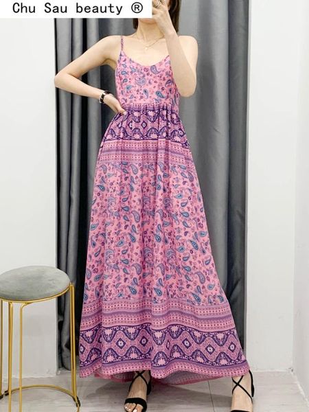 

chu sau beauty new fashion boho vinatge print sling midi dress women holiday chic backless summer long dresses mujer vestido, Black;gray