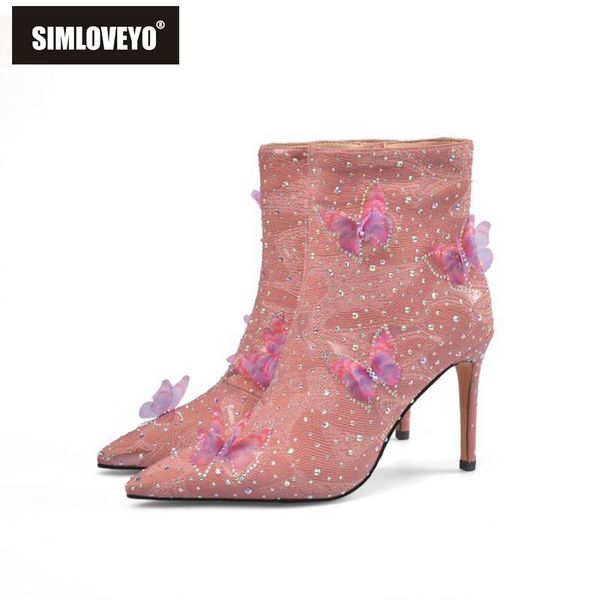 

simloveyo women ankle boots rhinestone butterfly decration pointed toe high thin heels slik zipper short plush size 34-40 autumn, Black