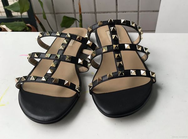 

european classic luxury style women's slippers, sandals, rivets, rivets, decorative leather, flat-soled slippers, rubber bottom, more c, Black