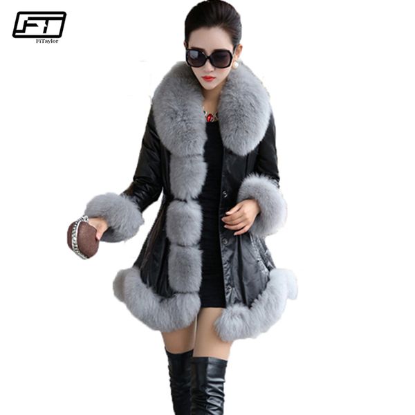 

women's leather & faux fitaylor women winter jacket plus size 6xl pu fur coat casual long synthetic collar lady warm overcoat, Black
