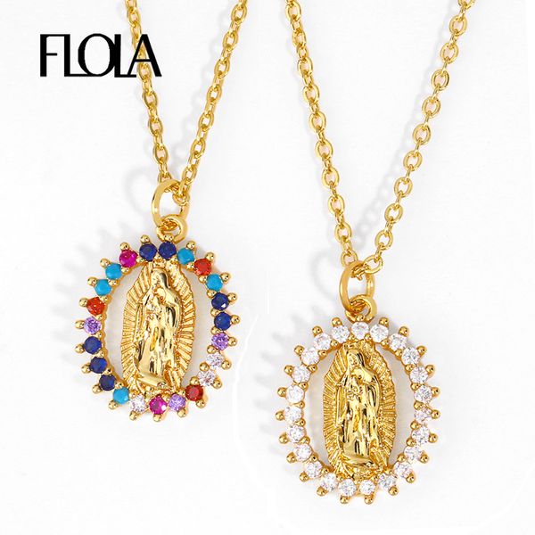 

flola cz virgin mary necklaces for women crystal peace necklace long chain copper catholic jewelry virgen de guadalupe nkeq94, Silver