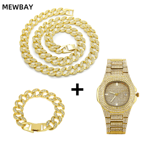 

gold necklace+watch+bracelet hip hop miami cuban chain iced out paved rhinestones men jewelry black silver fashion bling gift