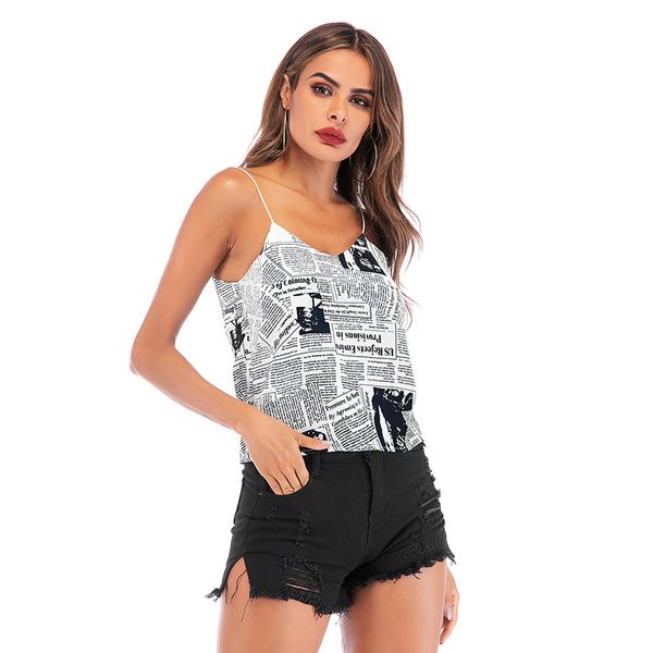 

европа и соединенные штаты взрыва модели женщин 2019 года новая мода газета печати без рукавов камзол женская летняя рубашка, White