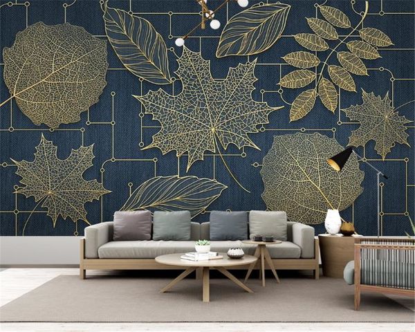 Carta da parati 3D personalizzata Carta da parati Nordic Modern Golden Line Drawing Plant Leaf Relief Carving Background Wall Painting Wallpaper