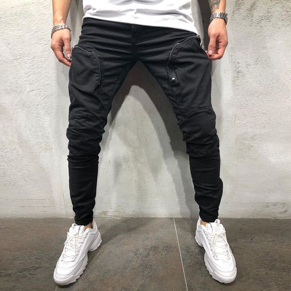

2019 spring men's long pants zipper pocket elastic small-foot sports pants solid male cargo autumn men long, Black